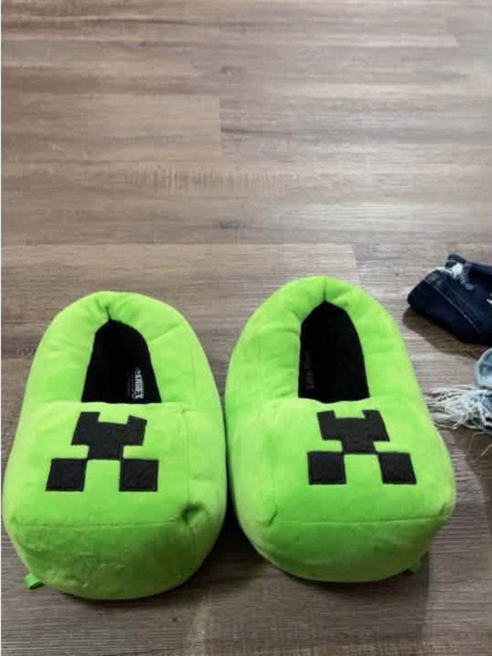 Kids Plush One-Piece Footie Slippers with Pixel Monster Face - Green